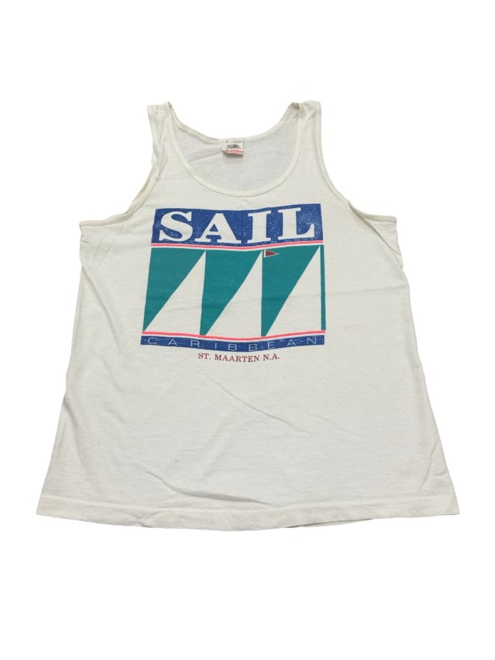 Vintage 1980s Sail Caribbean St. Maarten Tank Top White USA Single Stitch